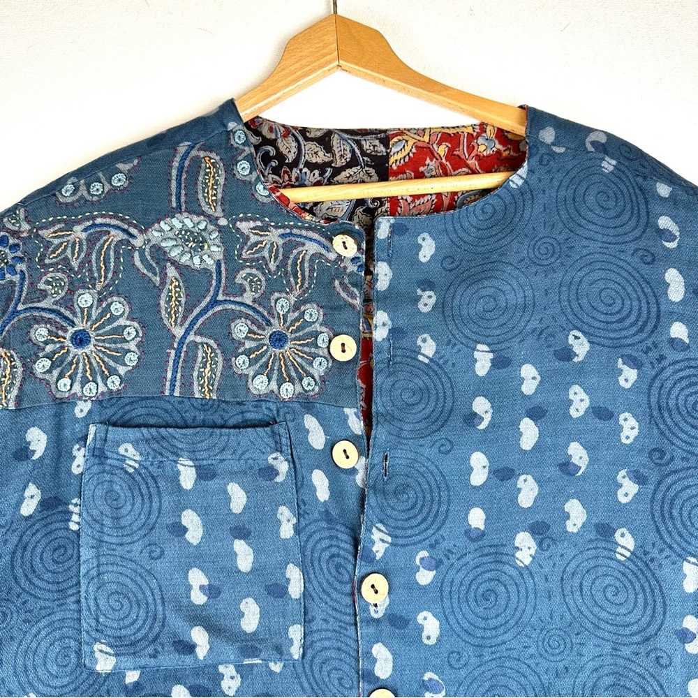 Reversible Button Up Patchwork‎ & Embroidered Jacket Lightweight Office - Picture 2 of 13